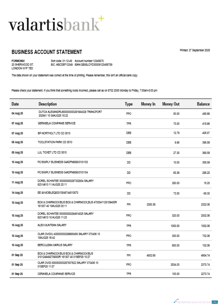 Download Valartis organization checking account statement Word and PDF template (1) Photoshop template